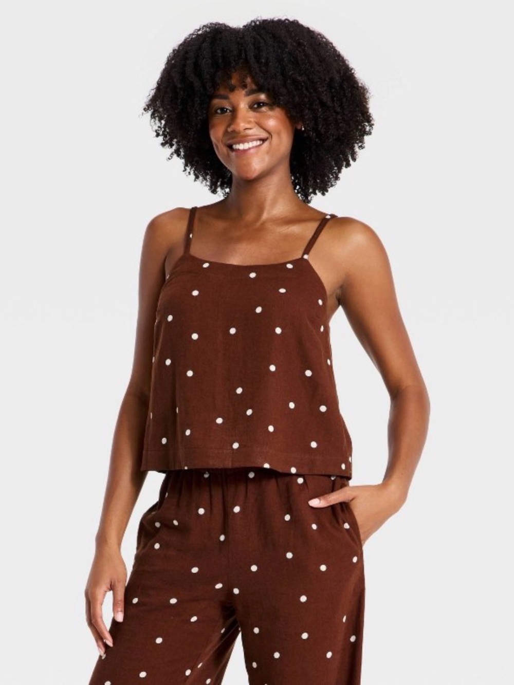 A New Day Brown Linen Polka Dot Camisole Trouser Set